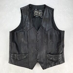 First Genuine Leather Black Motorcycle Vest Size 44 Snap Front Pockets‎